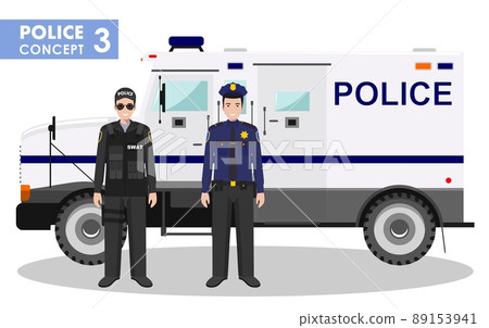 Police concept. Detailed illustration of SWAT officer, policeman and armored car in flat style on white background. Vector illustration. 89153941