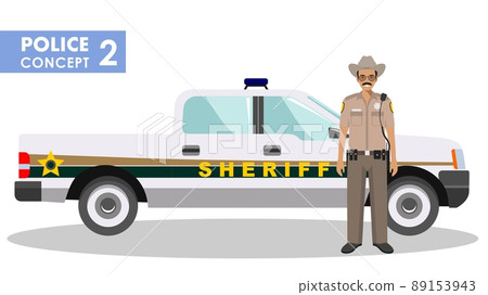 Policeman concept. Detailed illustration of sheriff and police car in flat style on white background. Vector. Policeman concept. Detailed illustration of sheriff and police car in flat style on white background. Vector. 89153943