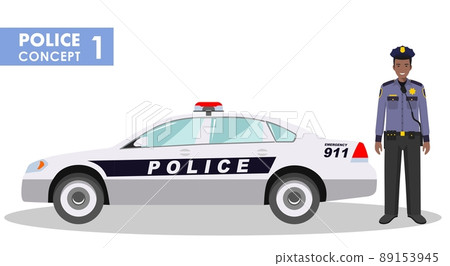 Police concept. Detailed illustration of policeman and car in flat style on white background. Police concept. Detailed illustration of policeman and car in flat style on white background. 89153945