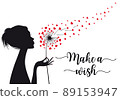 woman holding dandelion flower with flying hearts, vector 89153947
