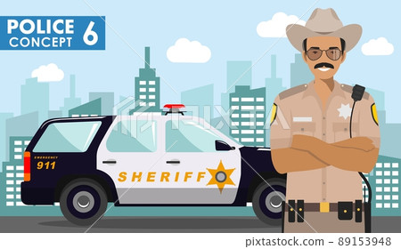 Police concept. Detailed illustration of policeman, sheriff on background with police car and cityscape in flat style. Vector illustration. Police concept. Detailed illustration of policeman, sheriff on background with police car and cityscape in flat style. Vector illustration. 89153948