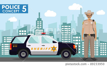 Police concept. Detailed illustration of policeman, sheriff on background with police car and cityscape in flat style. Vector illustration. 89153950