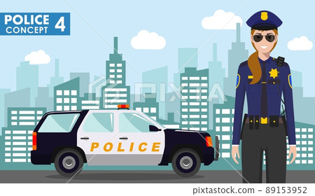 Police concept. Detailed illustration of policewoman on background with police car and cityscape in flat style. Vector illustration. Police concept. Detailed illustration of policewoman on background with police car and cityscape in flat style. Vector illustration. 89153952