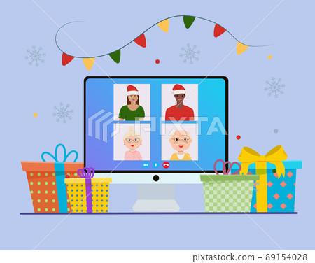 Christmas online party. People celebrating new year, happy friends on video chat. Man woman with champagne confetti gift vector illustration Christmas online party. People celebrating new year, happy friends on video chat. Man woman with champagne confetti gift vector illustration 89154028