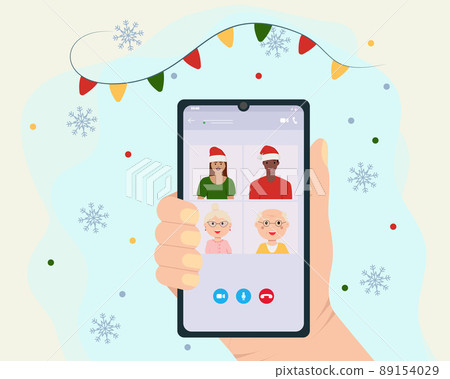 Christmas online party. People celebrating new year, happy friends on video chat. Man woman with champagne confetti gift vector illustration Christmas online party. People celebrating new year, happy friends on video chat. Man woman with champagne confetti gift vector illustration 89154029