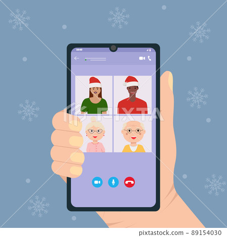 Christmas online party. People celebrating new year, happy friends on video chat. Man woman with champagne confetti gift vector illustration Christmas online party. People celebrating new year, happy friends on video chat. Man woman with champagne confetti gift vector illustration 89154030