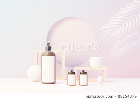 3d render of blank cosmetics skincare product or packaging for mock up. Beauty soap and spa concept. Lotion oil moisture for skin health. Premium and luxury design for branding. 89154379