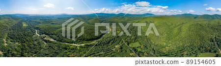 Idyllic panoramic landscape nature view of Caucasus mountains and Black Sea Idyllic panoramic landscape nature view of Caucasus mountains and Black Sea 89154605