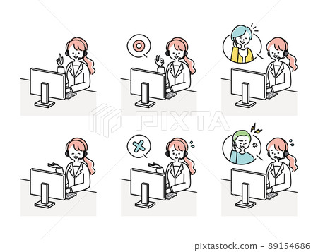 Illustration material set of female operator working in a call center Illustration material set of female operator working in a call center 89154686