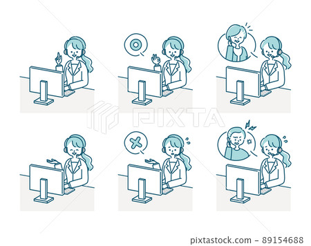 Illustration material set of female operator working in a call center 89154688