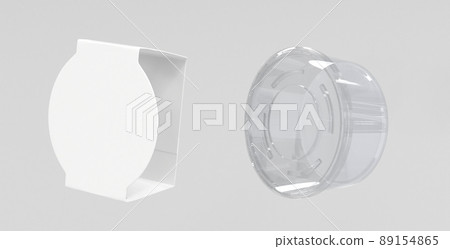 3D Clear round plastic food container with closed lid and white cardboard label, angle view. Realistic mockup of empty transparent box takeaway and paper wrap for packaging design, isolated 3D render 3D Clear round plastic food container with closed lid and white cardboard label, angle view. Realistic mockup of empty transparent box takeaway and paper wrap for packaging design, isolated 3D render 89154865