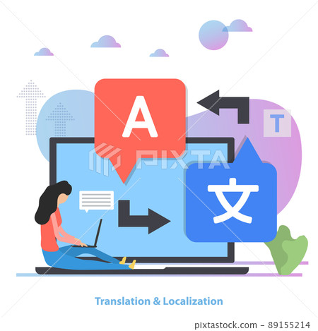 Translation online service vector concept. Woman with laptop translate a text flat illustration. Translation online service vector concept. Woman with laptop translate a text flat illustration. 89155214