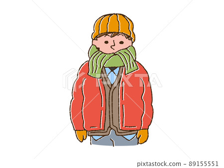 一個穿著厚重衣服的男人，一個滑稽的手寫人物矢量圖，一個溫暖的線條畫 89155551
