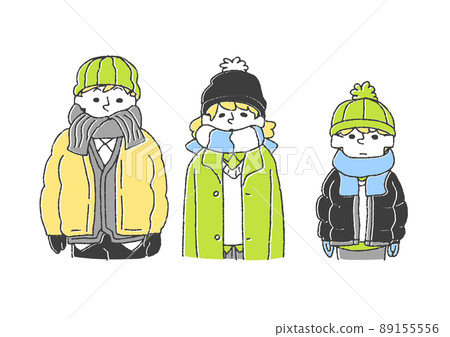 一組穿著厚重衣服的人，一個滑稽的手寫人物矢量圖，一個溫暖的線條畫 89155556