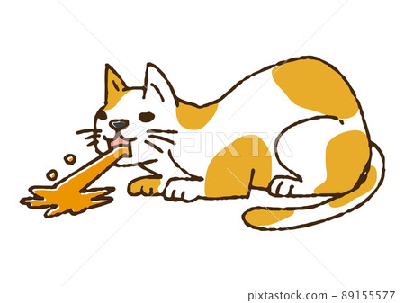 一隻吐出滑稽的手寫人物矢量的貓，一幅溫暖的線條畫 89155577