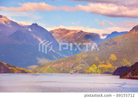 Norway fjord sunset panorama, mountain landscape 89155712