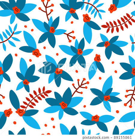 Blue and red flowers, leaves and berries pattern Blue and red flowers, leaves and berries pattern 89155861