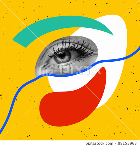 Contemporary colorful and conceptual bright art collage. Beautiful female eye and drawn face elements isolated over yellow background 89155968