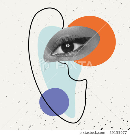 Contemporary colorful and conceptual bright art collage. Beautiful female eye and drawn face isolated over grey background. Contemporary colorful and conceptual bright art collage. Beautiful female eye and drawn face isolated over grey background. 89155977