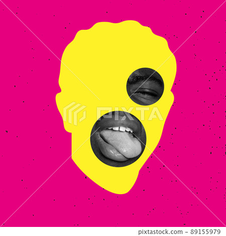Contemporary colorful and conceptual bright art collage. Young man making funny face, sticking tongue out isolated over pink background. 89155979