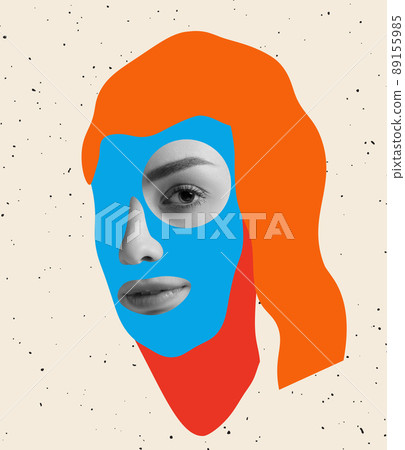 Contemporary colorful and conceptual bright art collage. Tender beautiful woman with drawn face elements isolated over beige background 89155985