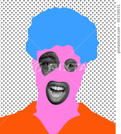 Contemporary colorful and conceptual bright art collage. Cheerful smiling man covered with drawings isolated over grey background 89156031