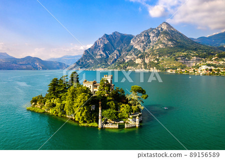Aerial view of Loreto Island with the castle on Lake Iseo in Northern Italy Aerial view of Loreto Island with the castle on Lake Iseo in Northern Italy 89156589