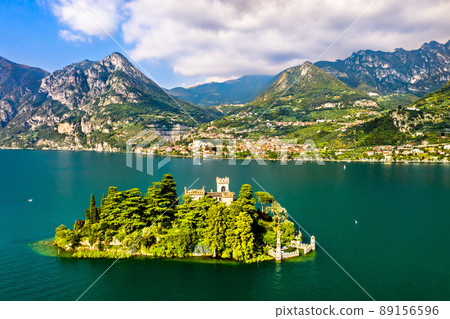 Aerial view of Loreto Island with the castle on Lake Iseo in Northern Italy 89156596