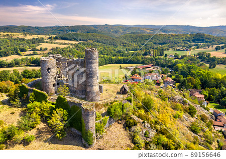 Aerial view of the ruins of Domeyrat Castle in Auvergne, France Aerial view of the ruins of Domeyrat Castle in Auvergne, France 89156646