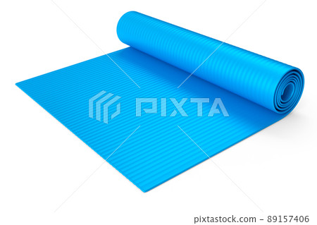 Blue yoga mat or lightweight foam camping bed roll pad isolated on white background. 3d rendering of sport equipment for fitness, yoga and active workout Blue yoga mat or lightweight foam camping bed roll pad isolated on white background. 3d rendering of sport equipment for fitness, yoga and active workout 89157406