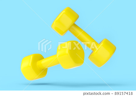 Pair of rubber yellow dumbbells isolated on blue background. 3d rendering of sport equipment for fitness and powerlifting Pair of rubber yellow dumbbells isolated on blue background. 3d rendering of sport equipment for fitness and powerlifting 89157418