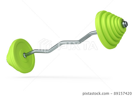 Abstract metal barbell with green disks shaped handle isolated on white background. 3d rendering of sport equipment for fitness and powerlifting 89157420
