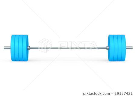 Abstract metal barbell with blue disks isolated on white background. 3d rendering of sport equipment for fitness and powerlifting 89157421