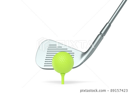 Silver golf club and ball isolated on white background. 3d rendering of sport equipment for team playing games 89157423