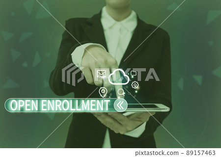 Handwriting text Open Enrollment. Internet Concept The yearly period when showing can enroll an insurance Lady Pressing Screen Of Mobile Phone Showing The Futuristic Technology 89157463
