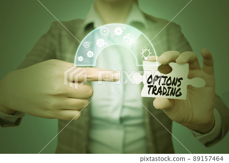 Text showing inspiration Options Trading. Concept meaning Different options to make goods or services spread worldwide Lady in suit pointing puzzle piece representing innovative thinking. 89157464