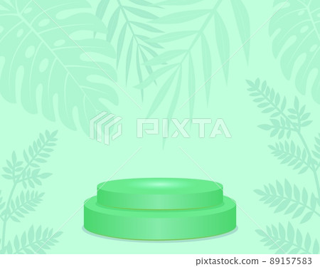 Round display podium mockup green color with plant leaves. Nature bio concept Round display podium mockup green color with plant leaves. Nature bio concept 89157583