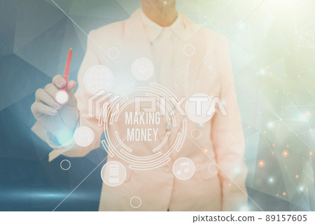 Writing displaying text Making Money. Business concept Giving the opportunity to make a profit Earn financial support Lady in suit holding pen symbolizing successful teamwork accomplishments. 89157605