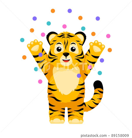 Cute little Tiger characters with confetti isolated. Happy cub cartoon striped red tiger. Cute little Tiger characters with confetti isolated. Happy cub cartoon striped red tiger. 89158009