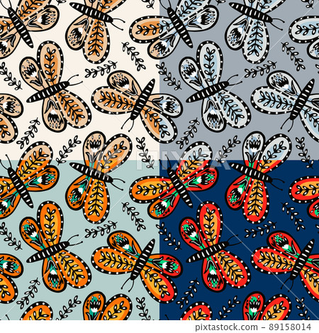 Seamless pattern with butterflies and flowers in folk style. Butterfly endless wallpaper. 89158014