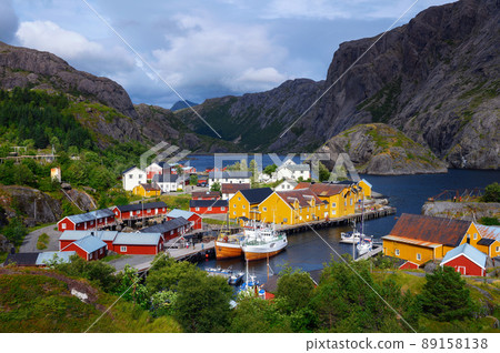 Aerial view of Nusfjord fishing village on Lofoten islands, Norway Aerial view of Nusfjord fishing village on Lofoten islands, Norway 89158138