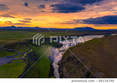 Aerial view of sunset over Gullfoss waterfall and the Olfusa river in Iceland 89158140