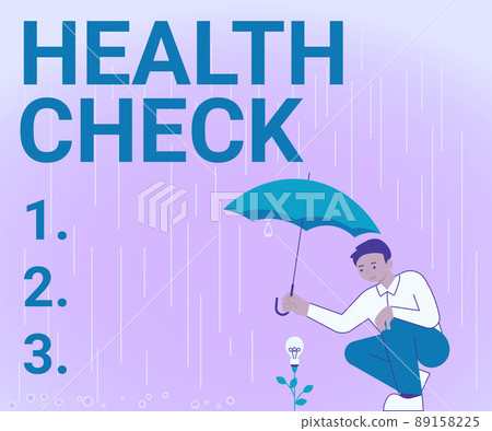 Text caption presenting Health Check. Word for Medical Examination Wellness and general state Inspection Gentleman Holding Umbrella Growing Flower Presenting Newest Project Ideas. Text caption presenting Health Check. Word for Medical Examination Wellness and general state Inspection Gentleman Holding Umbrella Growing Flower Presenting Newest Project Ideas. 89158225