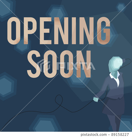 Writing displaying text Opening Soon. Business idea Going to be available or accessible in public anytime shortly Lady wearing suit with a head full of ideas represented by a light bulb. 89158227