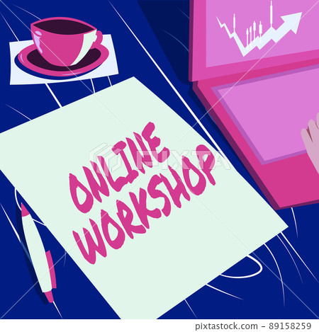 Text sign showing Online Workshop. Business approach shows of goods and commodities over the electronic websites Laptop Resting Beside Coffee Mug And Plain Sheet Showing Work Process. Text sign showing Online Workshop. Business approach shows of goods and commodities over the electronic websites Laptop Resting Beside Coffee Mug And Plain Sheet Showing Work Process. 89158259
