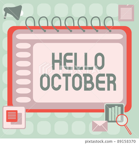 Handwriting text Hello October. Business idea Last Quarter Tenth Month 30days Season Greeting Blank Open Spiral Notebook With A Calculator And A Pen On Table. Handwriting text Hello October. Business idea Last Quarter Tenth Month 30days Season Greeting Blank Open Spiral Notebook With A Calculator And A Pen On Table. 89158370