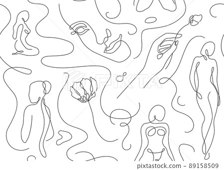 Line art woman, body female outline silhouette vector seamless pattern background. Feminine faces, different figure poses in modern simple style, with hand and flowers. Beauty and fashion concept Line art woman, body female outline silhouette vector seamless pattern background. Feminine faces, different figure poses in modern simple style, with hand and flowers. Beauty and fashion concept 89158509