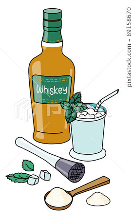 Doodle cartoon Mint Julep cocktail and ingredients composition. A bottle of Whiskey, mint leaves, sugar and muddler. For bar menu, stickers or alcohol cook book recipe. 89158670