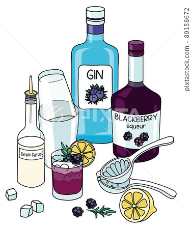 Doodle cartoon bramble cocktail and ingredients composition. A bottle of gin and blackberry liqueur, lemon and Boston shaker. For bar menu, stickers or alcohol cook book recipe. Doodle cartoon bramble cocktail and ingredients composition. A bottle of gin and blackberry liqueur, lemon and Boston shaker. For bar menu, stickers or alcohol cook book recipe. 89158672