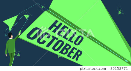Inspiration showing sign Hello October. Conceptual photo Last Quarter Tenth Month 30days Season Greeting Man flies paper plane representing innovative plans achieving goals. Inspiration showing sign Hello October. Conceptual photo Last Quarter Tenth Month 30days Season Greeting Man flies paper plane representing innovative plans achieving goals. 89158771